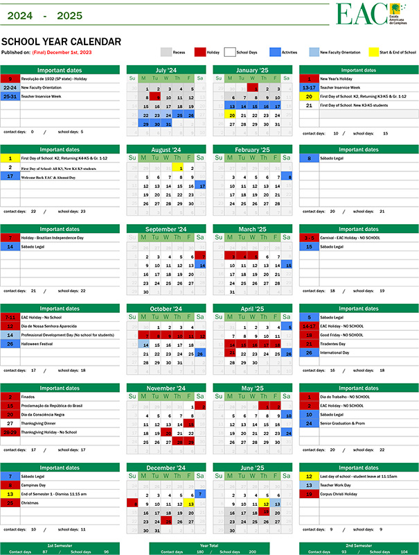 School Calendar Escola Americana de Campinas